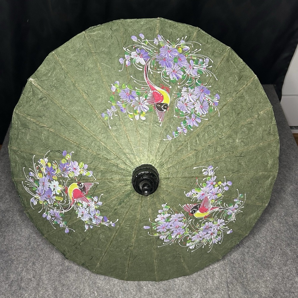 Vtg Thawin Thai Parasol Green Paper Floral Bird Paint Handmade Sun Umbrella